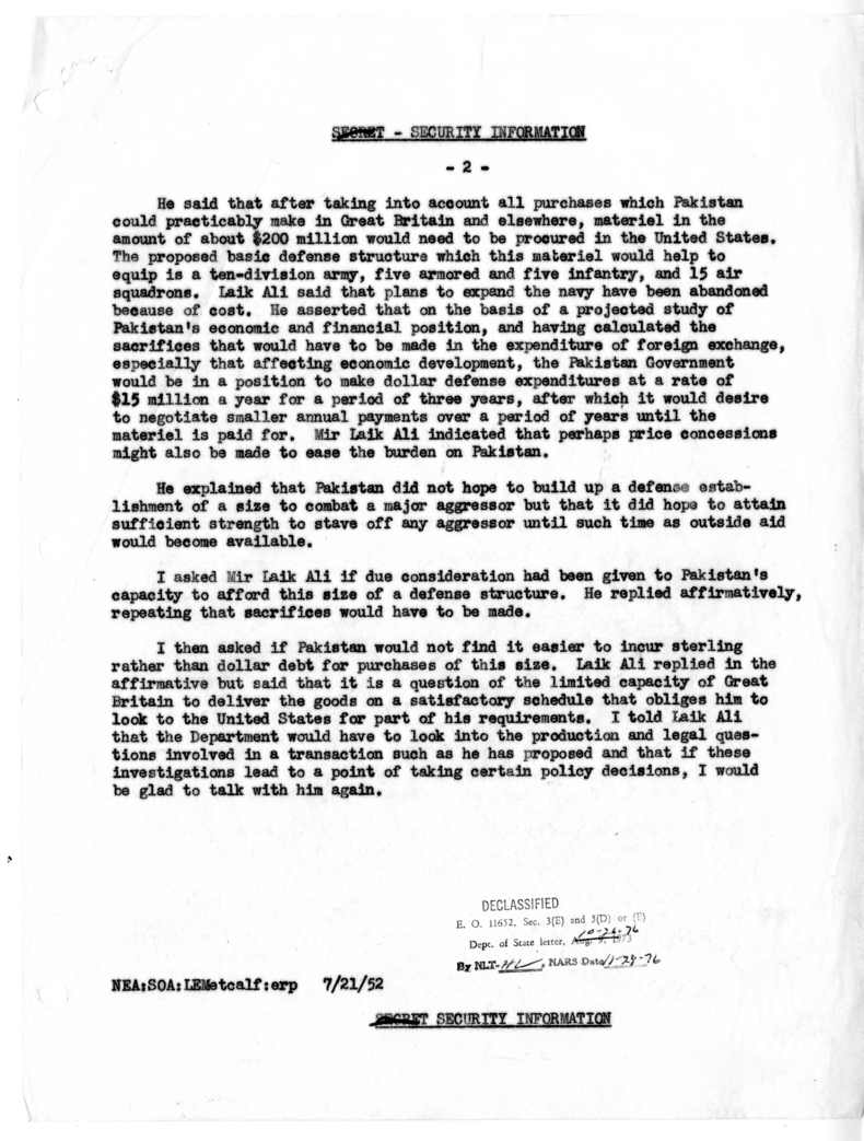 Memorandum of Conversation with Mir Laik Ali, Adviser to the Ministery of Defense, Government of Pakistan; Ambassador Mohammd Ali of Pakistan; and Lee E. Metcalf