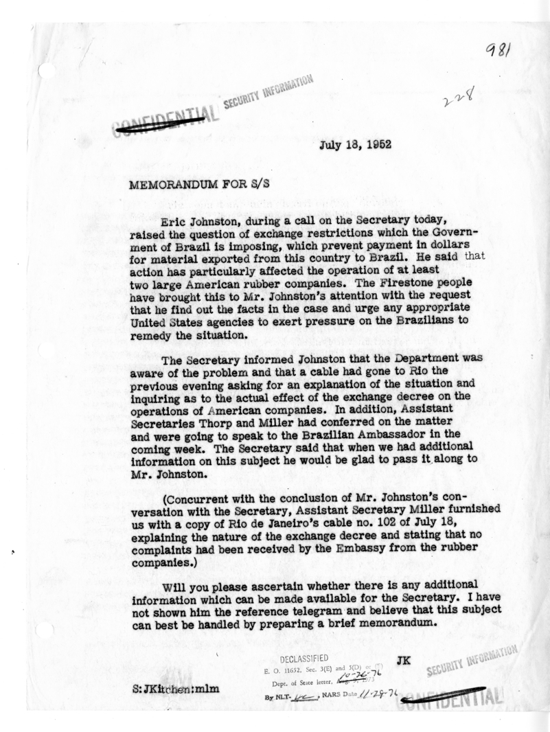 Memorandum of Conversation with Eric Johnston