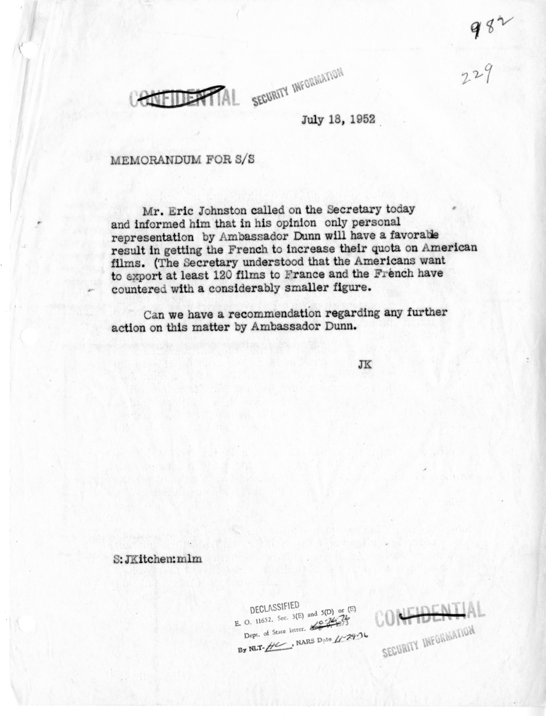 Memorandum of Conversation with Eric Johnston