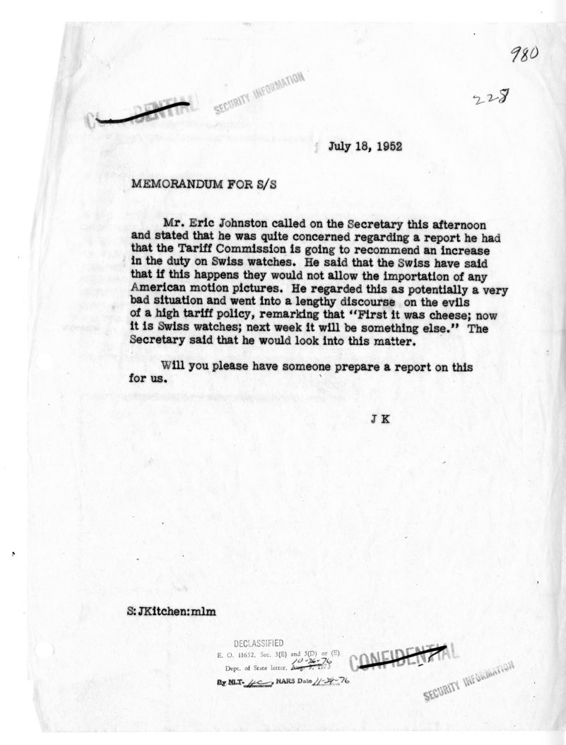 Memorandum of Conversation with Mr. Eric Johnston
