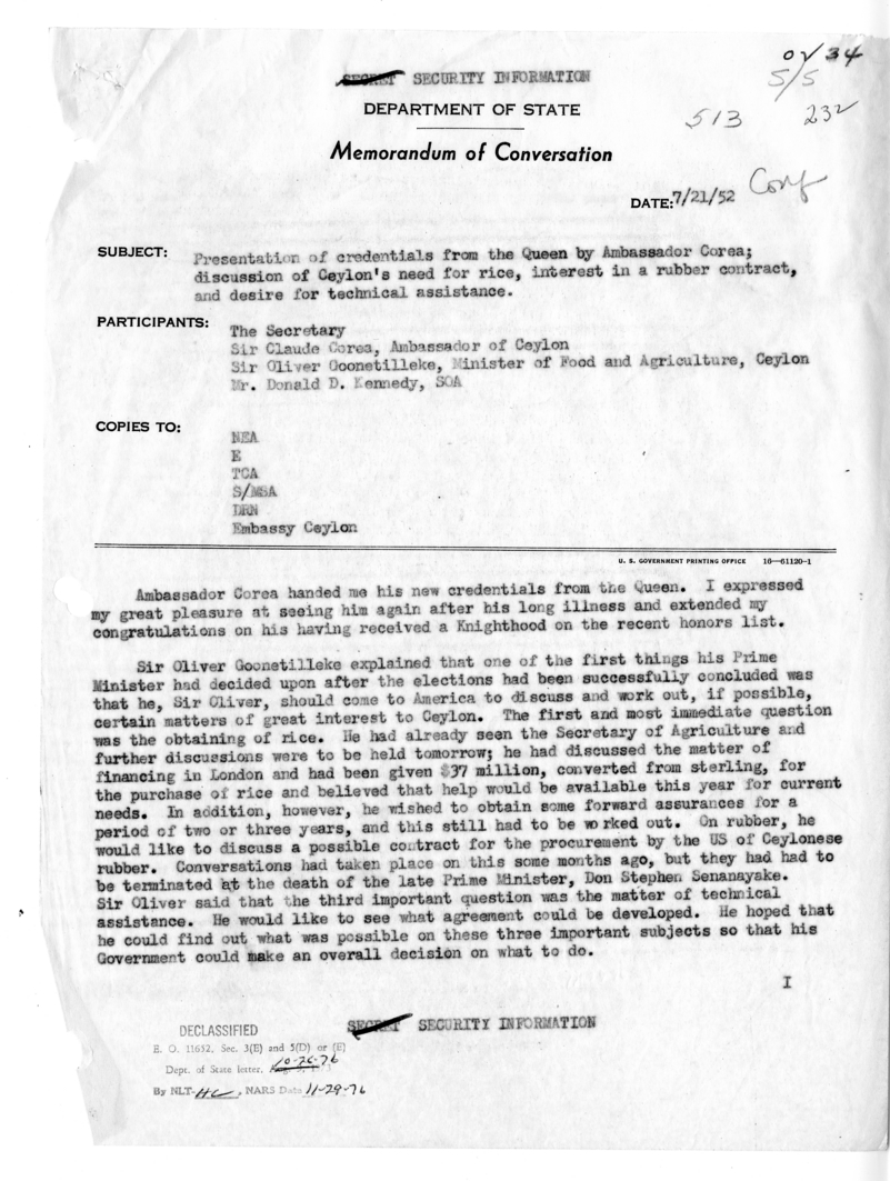 Memorandum of Conversation with Ambassador Sir Claude Corea of Ceylon, Minister of Food and Agriculture Sir Oliver Goonetilleke of Ceylon, and Donald D. Kennedy