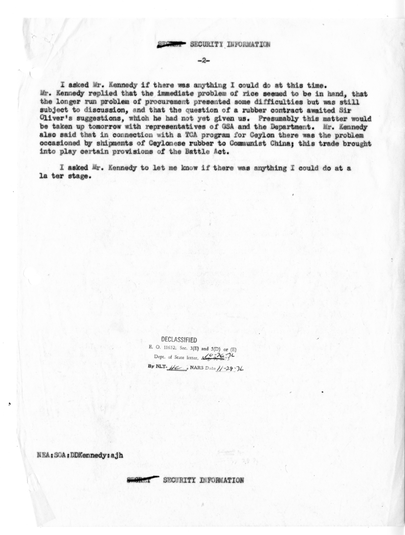Memorandum of Conversation with Ambassador Sir Claude Corea of Ceylon, Minister of Food and Agriculture Sir Oliver Goonetilleke of Ceylon, and Donald D. Kennedy