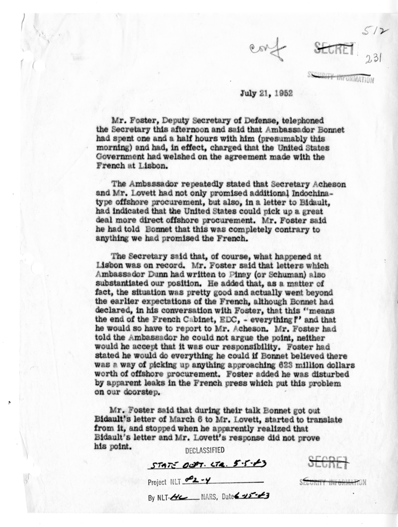 Memorandum of Telephone Conversation with Deputy Secretary of Defense William C. Foster
