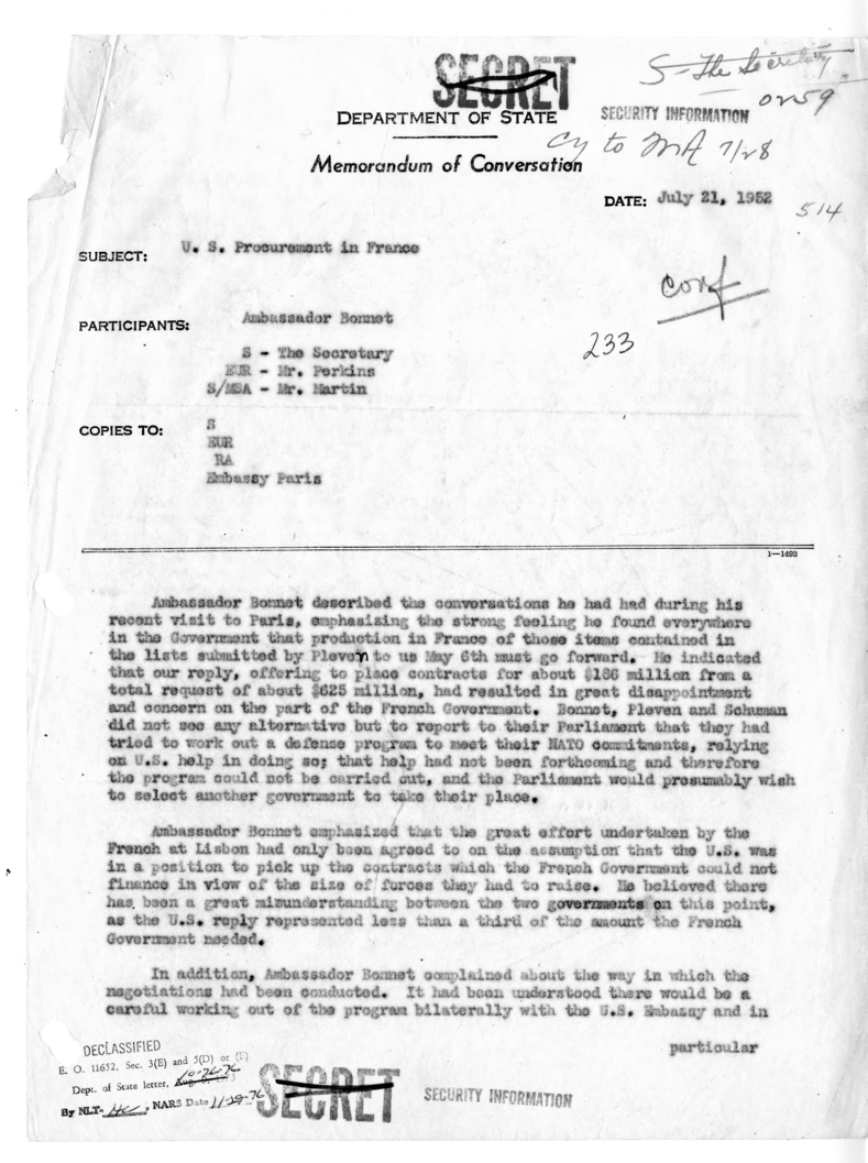 Memorandum of Conversation with Ambassador Henri Bonnet of France, George W. Perkins, and Edwin W. Martin