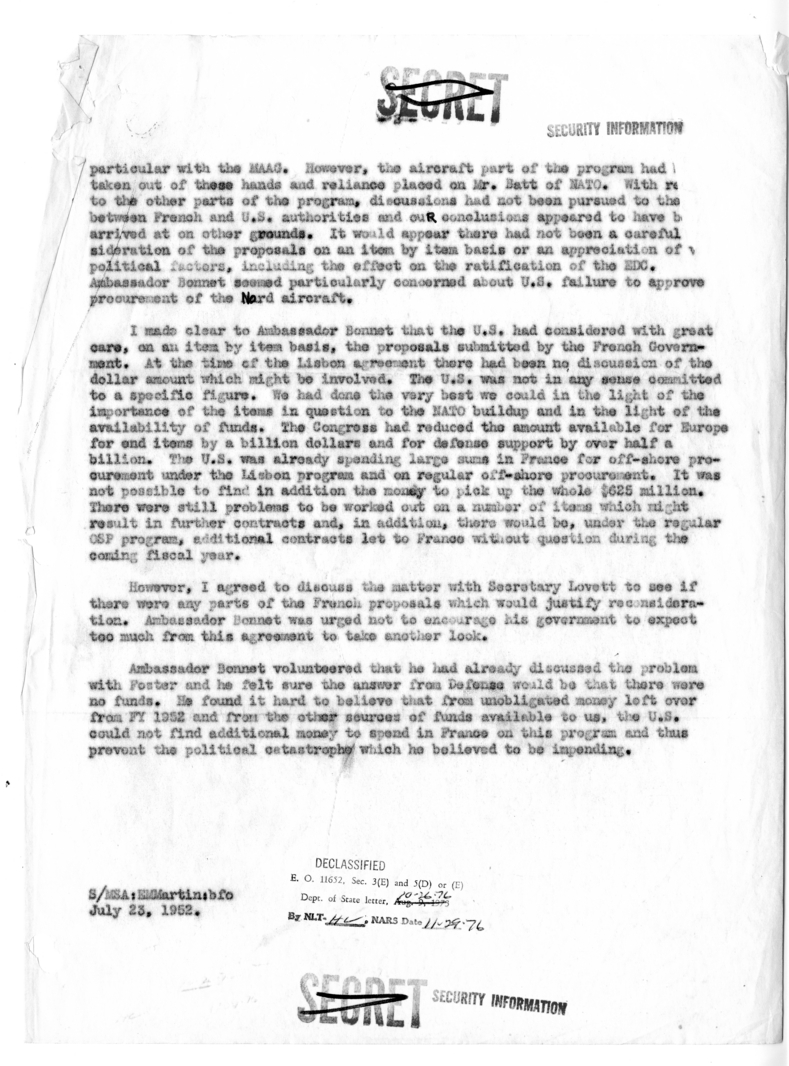 Memorandum of Conversation with Ambassador Henri Bonnet of France, George W. Perkins, and Edwin W. Martin