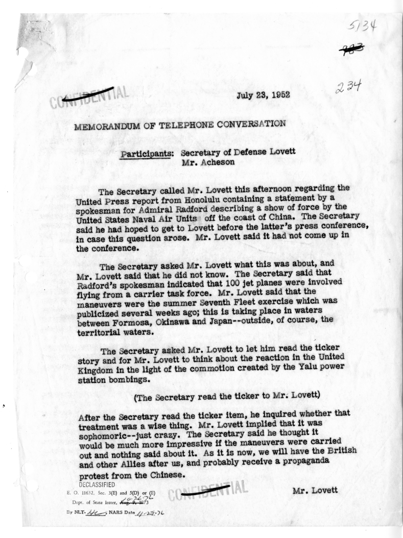 Memorandum of Telephone Conversation with Secretary of Defense Robert Lovett