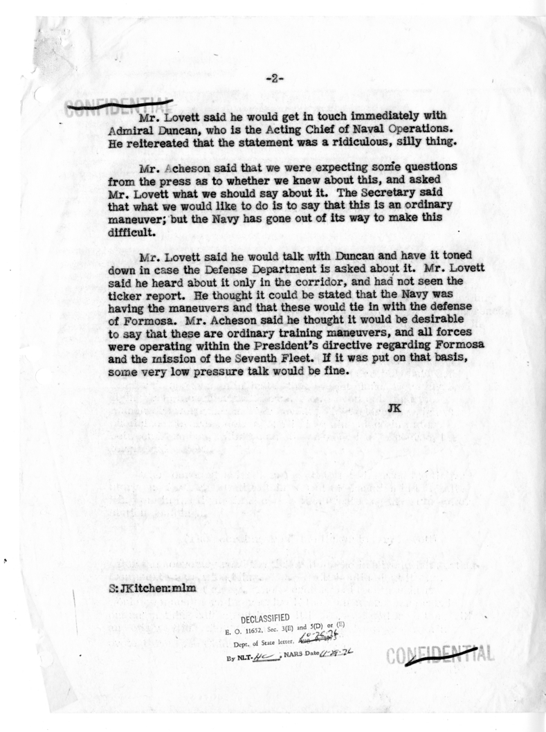 Memorandum of Telephone Conversation with Secretary of Defense Robert Lovett