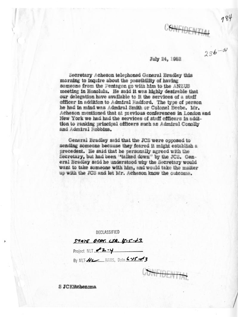 Memorandum of Telephone Conversation with General Omar Bradley