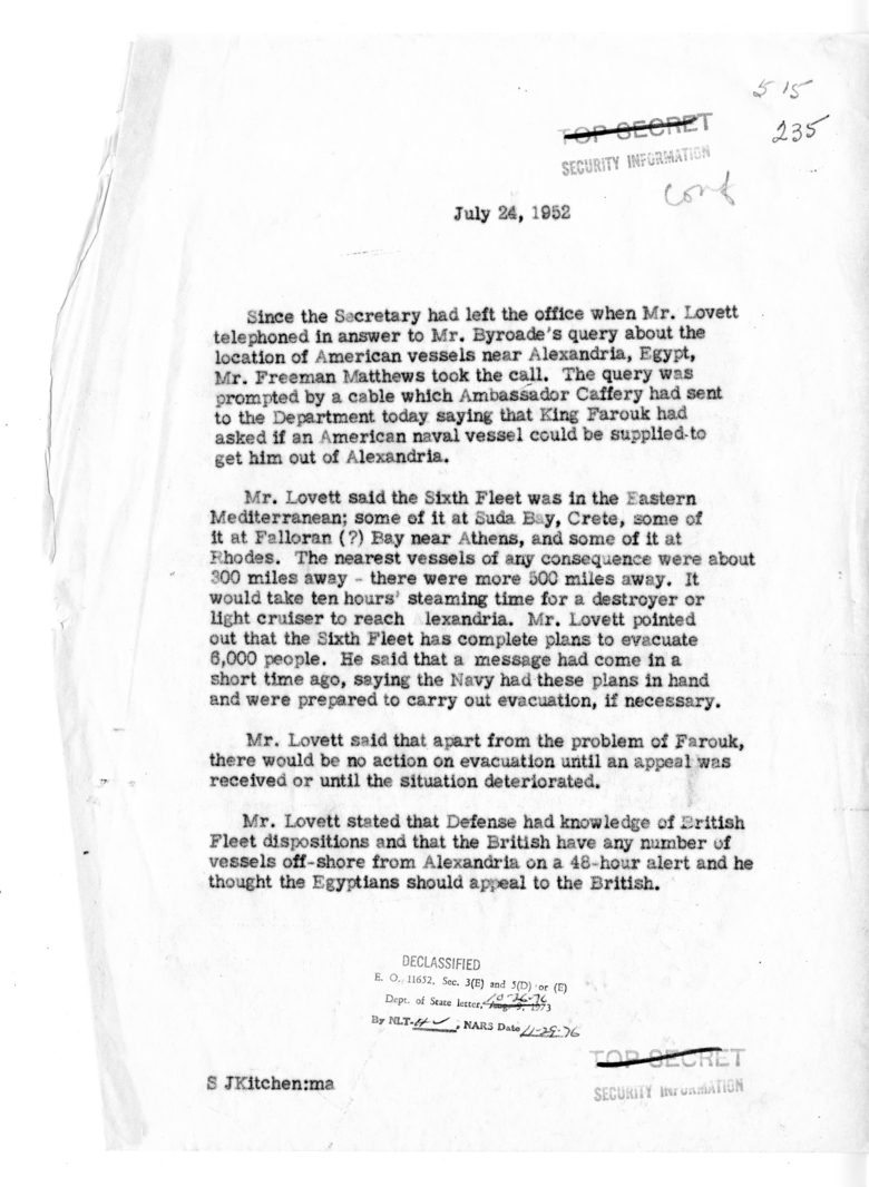 Memorandum of Telephone Conversation between Secretary of Defense Robert Lovett and Mr. H. Freeman Matthews