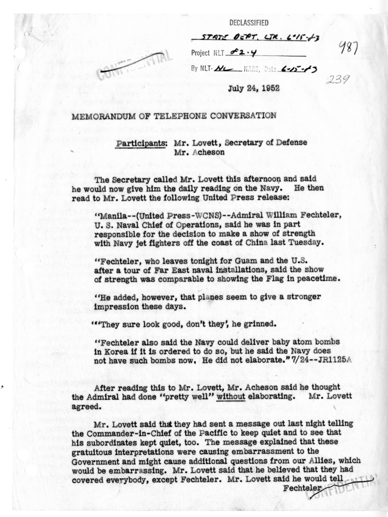 Memorandum of Telephone Conversation with Secretary of Defense Robert Lovett