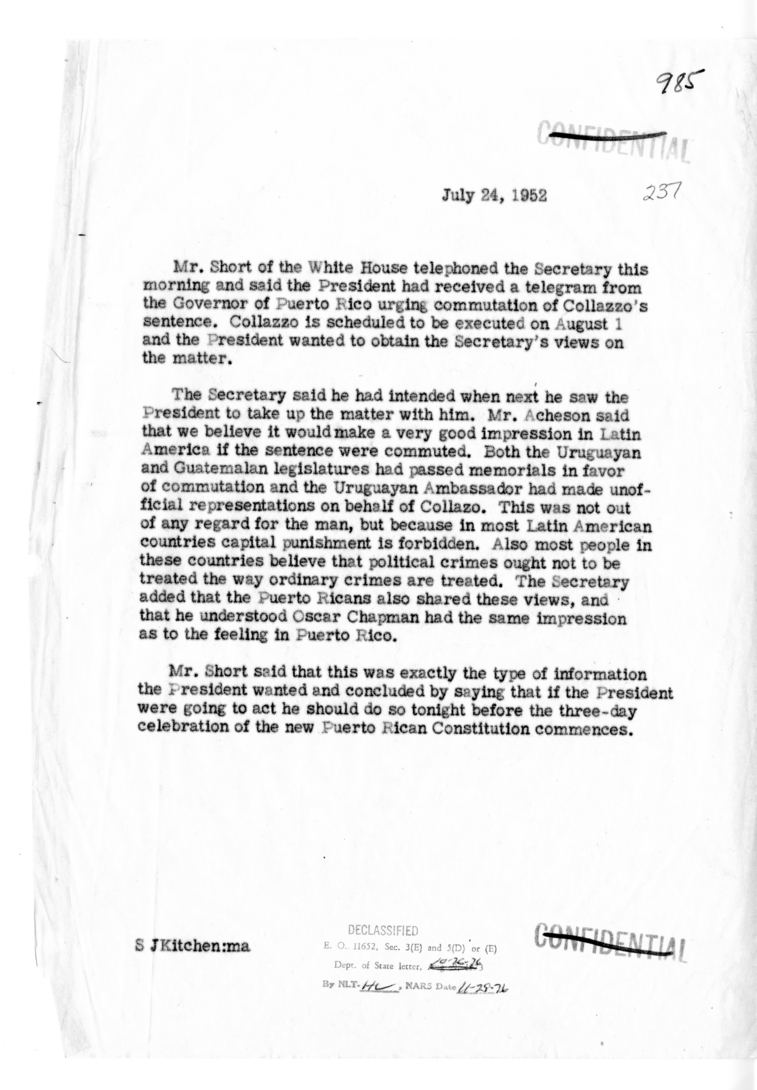 Memorandum of Telephone Conversation with Press Secretary Joseph Short