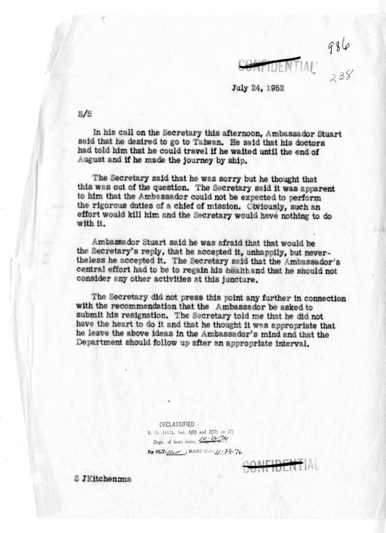 Memorandum of Conversation with United States Ambassador to China Leighton Stuart