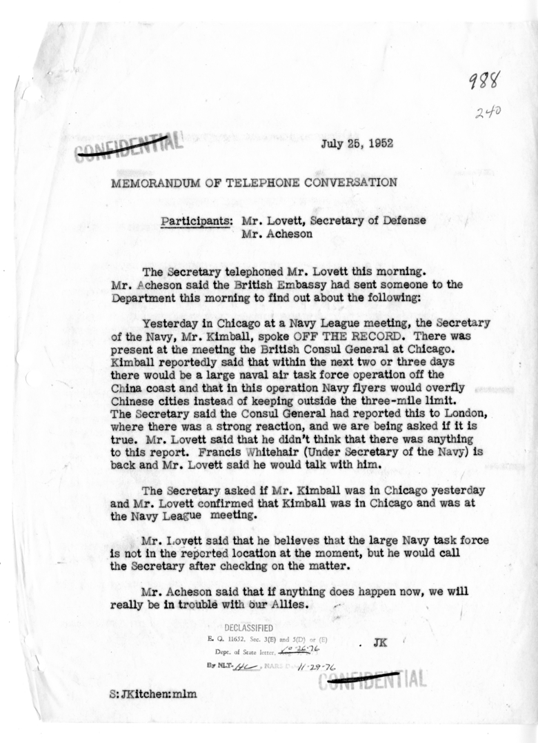 Memorandum of Telephone Conversation with Secretary of Defense Robert Lovett
