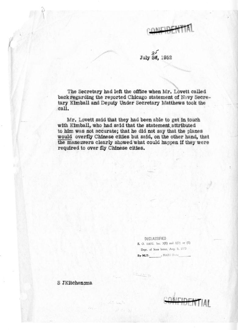 Memorandum of Telephone Conversation with Secretary of Defense Robert Lovett
