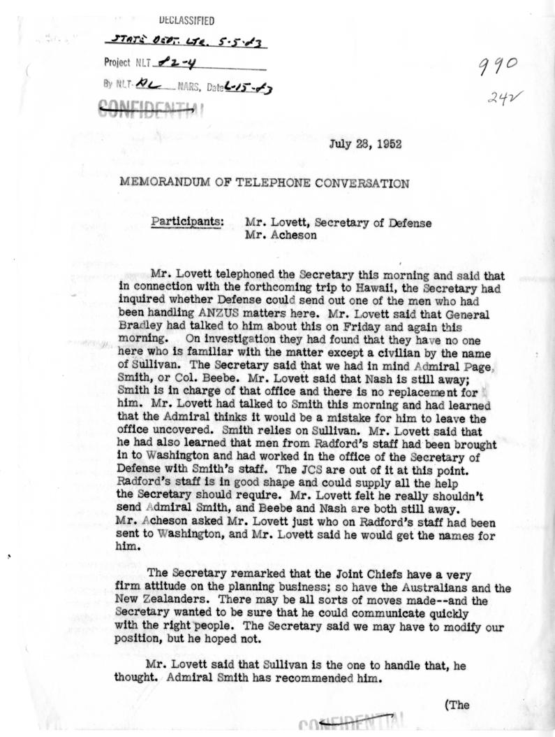 Memorandum of Telephone Conversation with Secretar of Defense Robert Lovett