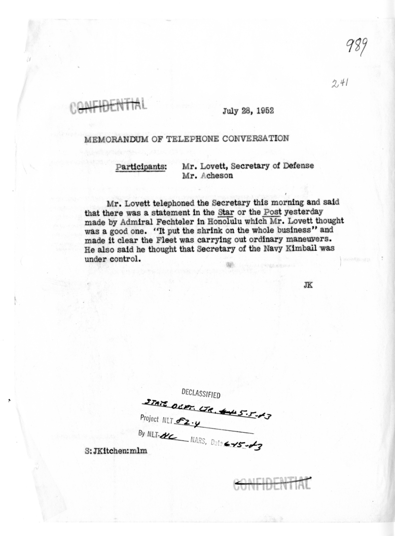 Memorandum of Telephone Conversation with Secretary of Defense Robert Lovett