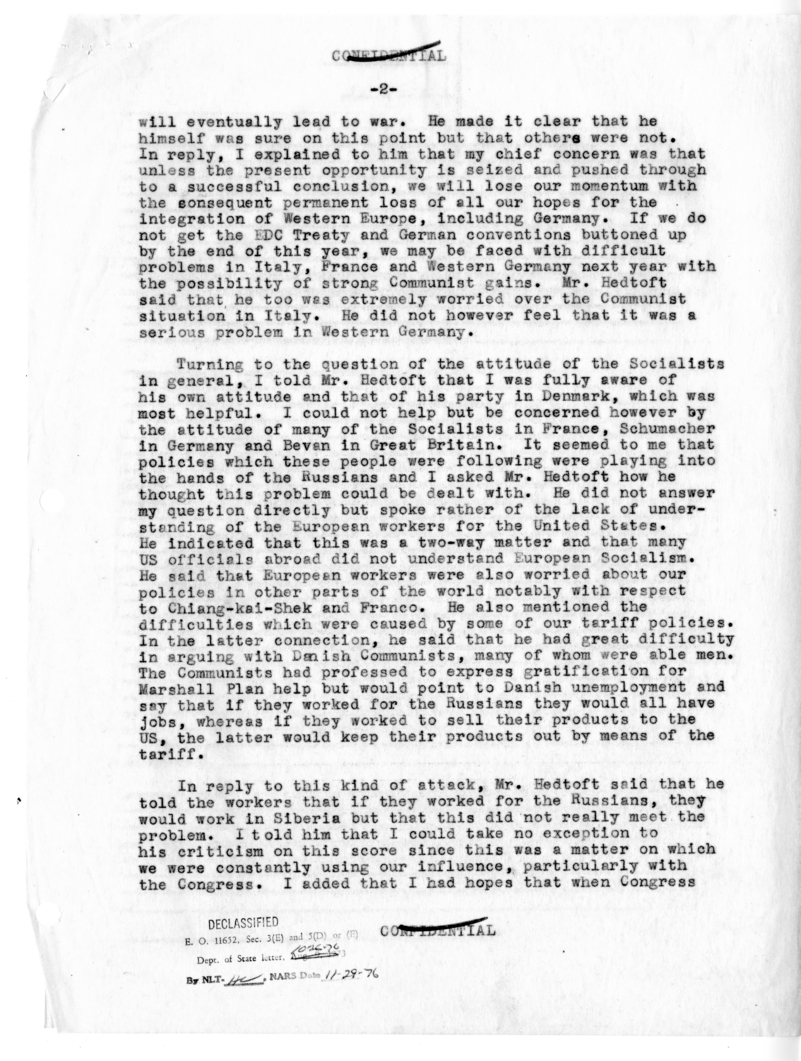 Memorandum of Conversation with former Prime Minister Hans Hedtoft of Denmark, Ambassador Henrick de Kauffmann of Denmark, and James C. Bonbright