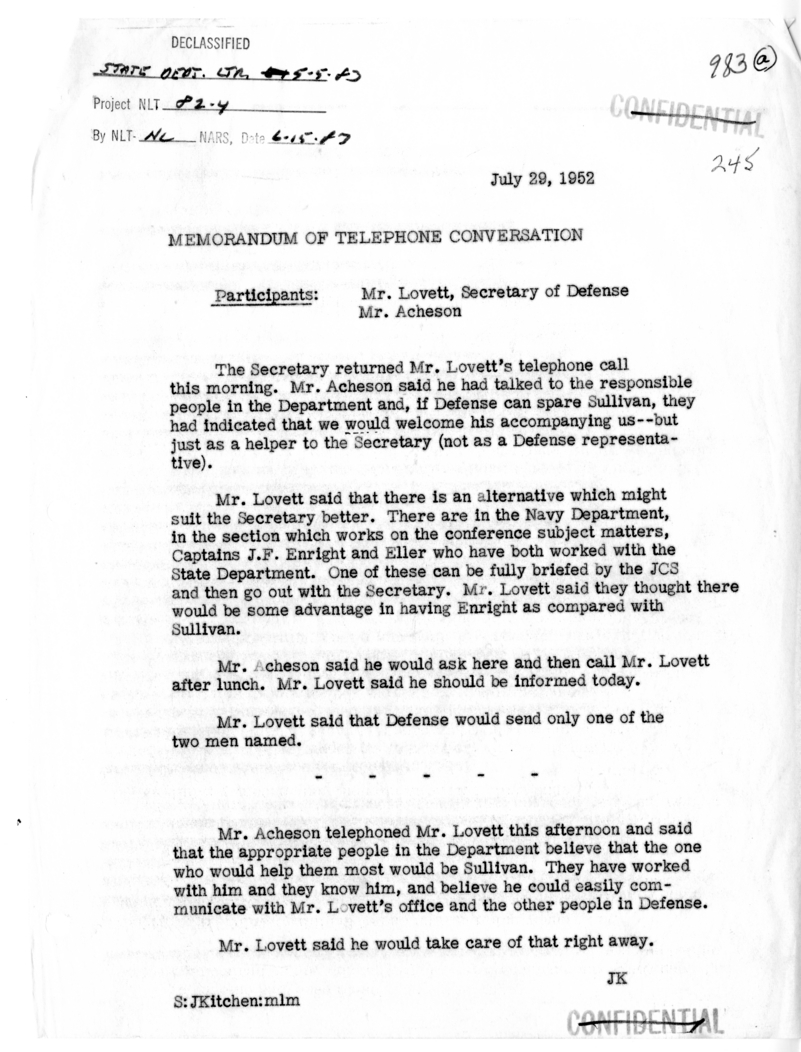 Memorandum of Telephone Conversation with Secretary of Defense Robert Lovett