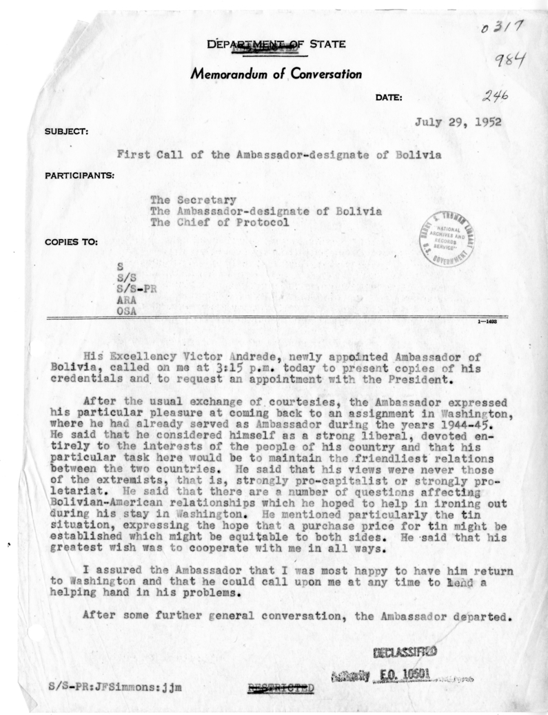 Memorandum of Conversation with Ambassador Victor Andrade of Bolivia and John F. Simmons