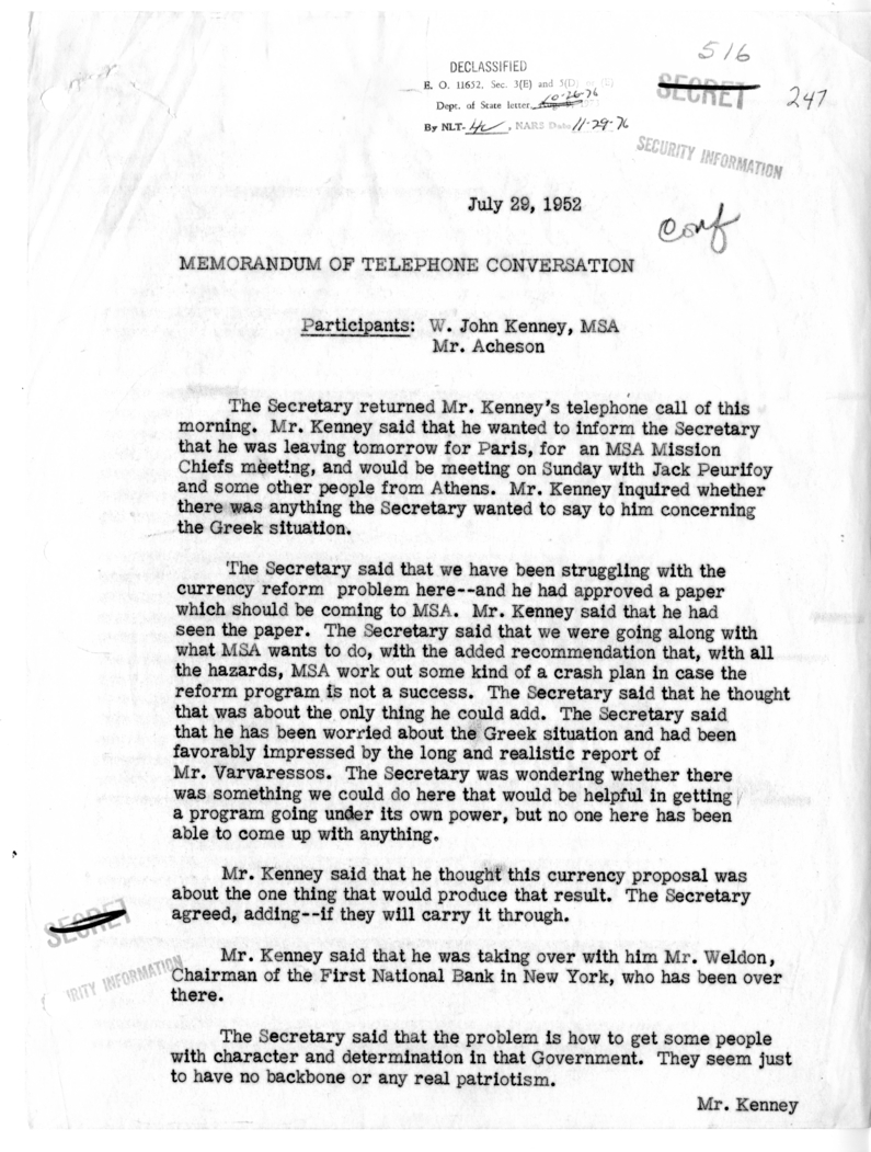 Memorandum of Telephone Conversation with W. John Kenny