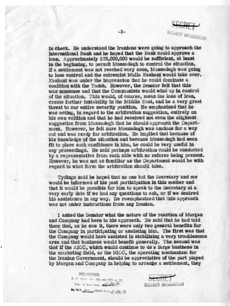 Memorandum of Conversation with Former Senator Millard Tydings