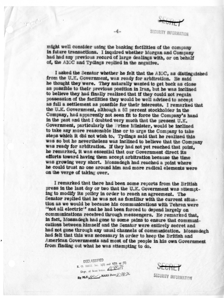 Memorandum of Conversation with Former Senator Millard Tydings
