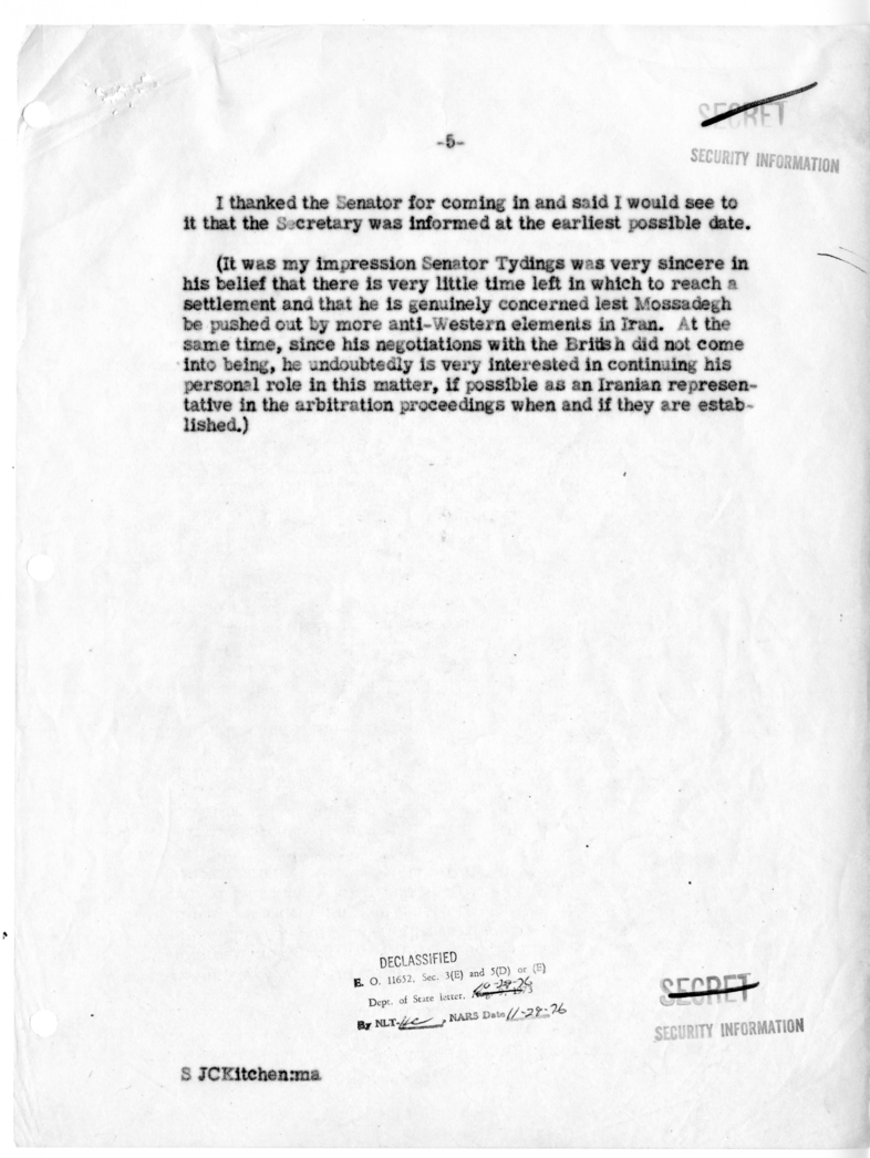 Memorandum of Conversation with Former Senator Millard Tydings