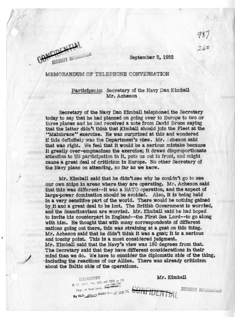Memorandum of Conversation with Secretary of the Navy Dan Kimball