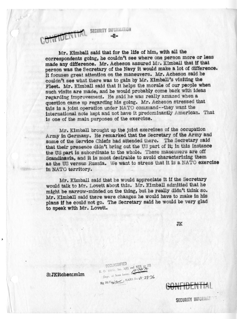 Memorandum of Conversation with Secretary of the Navy Dan Kimball
