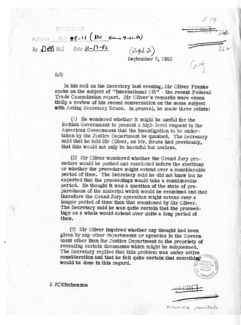 Memorandum of Conversation with Ambassador Sir Oliver Franks of Great Britain