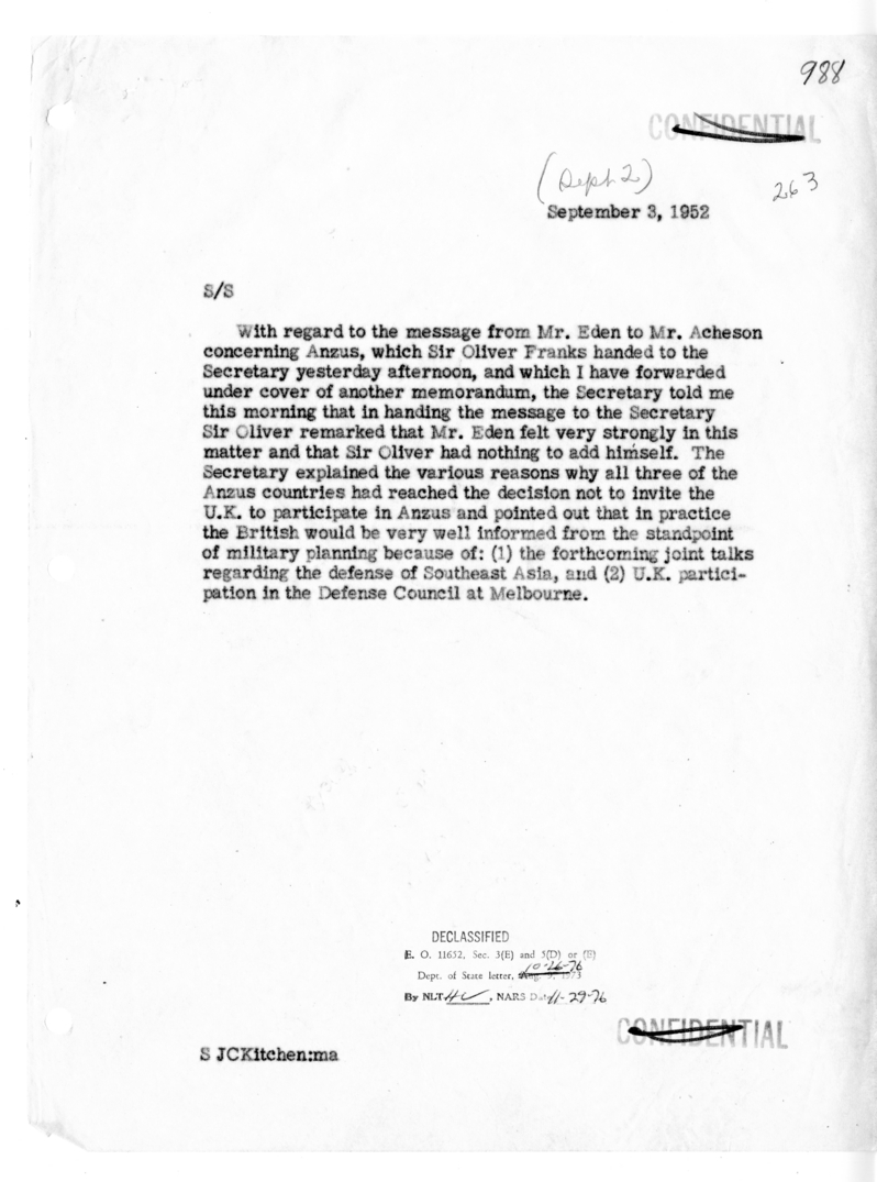 Memorandum from Jeffrey Kitchen Regarding Conversation Between Secretary of State Dean Acheson and Ambassador Sir Oliver Franks of Great Britain