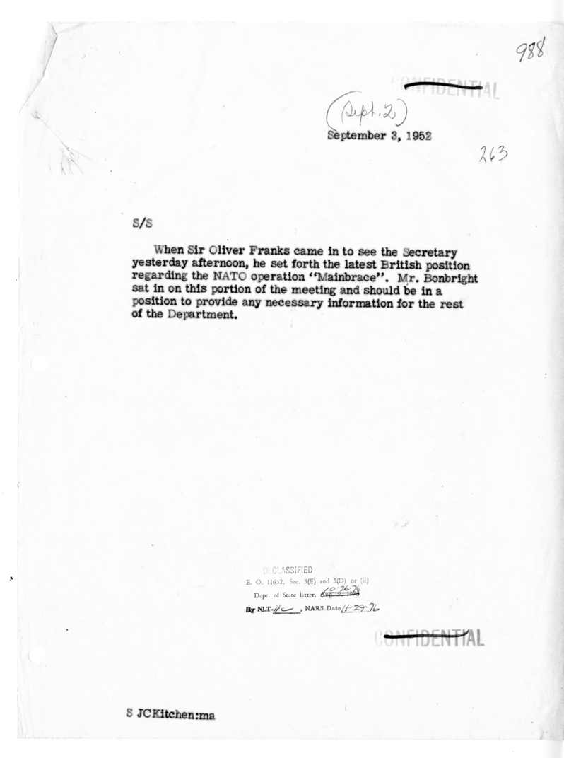 Memorandum of Conversation with Ambassador Sir Oliver Franks of Great Britain and James C. Bonbright