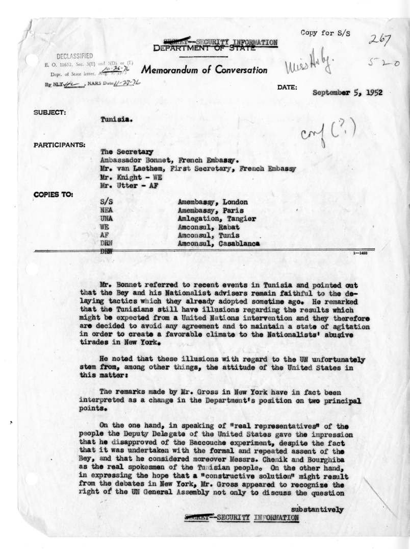 Memorandum of Conversation with Ambassador Henri Bonnet of France; Gabriel Van Laethem; William E. Knight; and John E. Utter