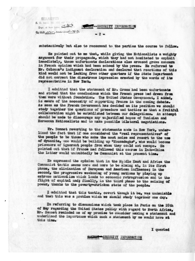 Memorandum of Conversation with Ambassador Henri Bonnet of France; Gabriel Van Laethem; William E. Knight; and John E. Utter