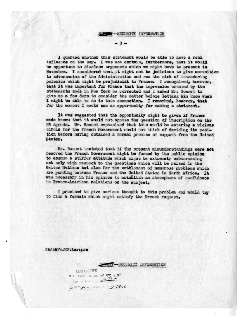 Memorandum of Conversation with Ambassador Henri Bonnet of France; Gabriel Van Laethem; William E. Knight; and John E. Utter