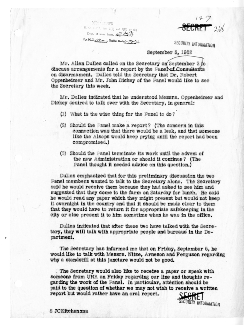 Memorandum of Conversation with Mr. Allen Dulles