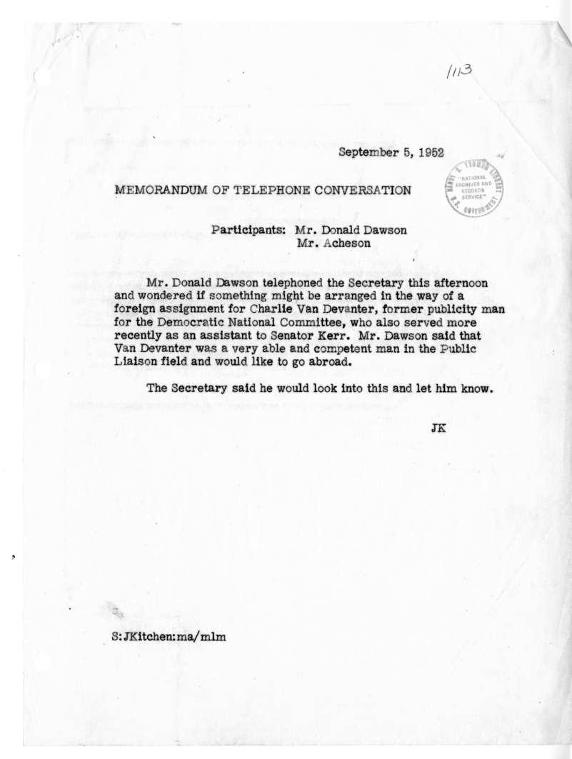 Memorandum of Telephone Conversation with Administrative Assitant to the President Donald Dawson