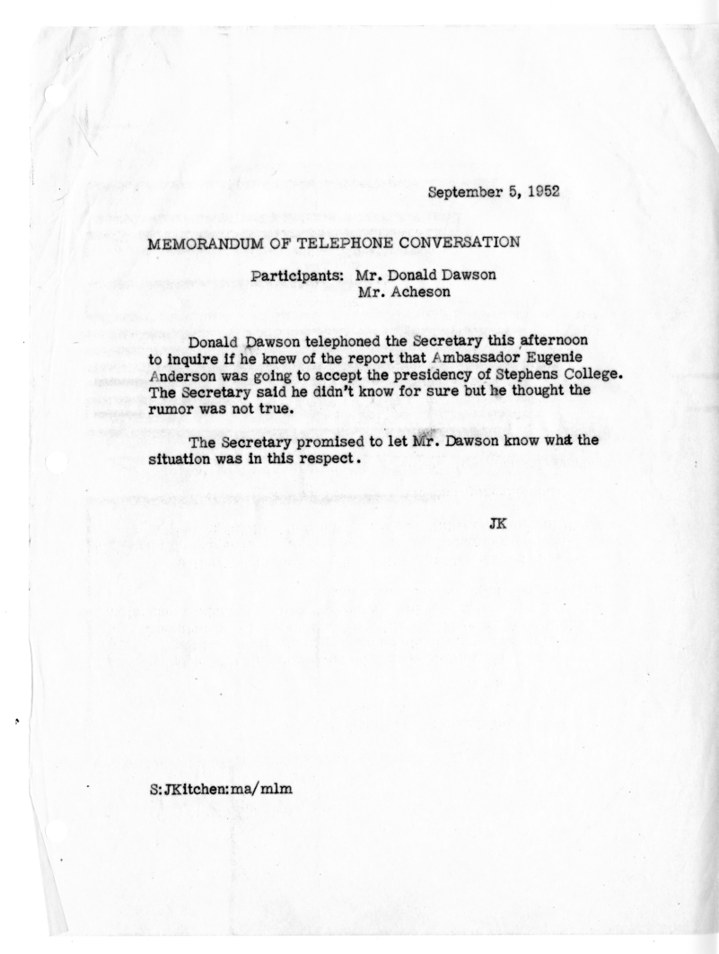 Memorandum of Telephone Conversation with Administrative Assitant to the President Donald Dawson