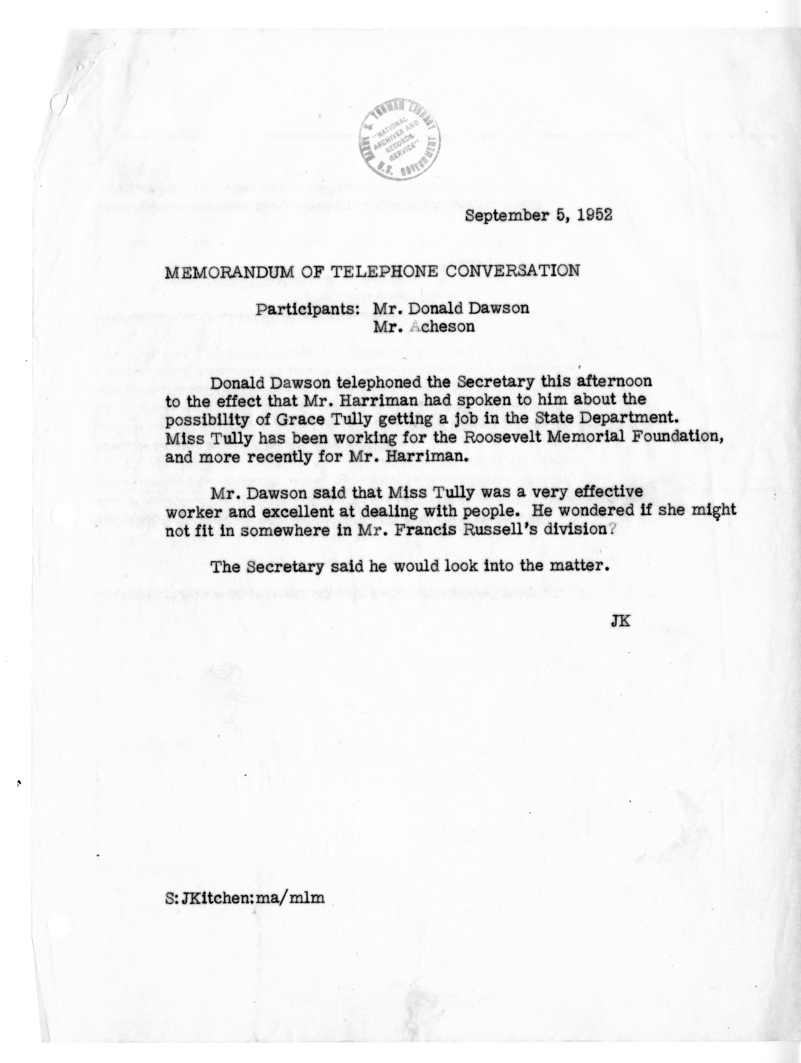 Memorandum of Telephone Conversation with Administrative Assitant to the President Donald Dawson