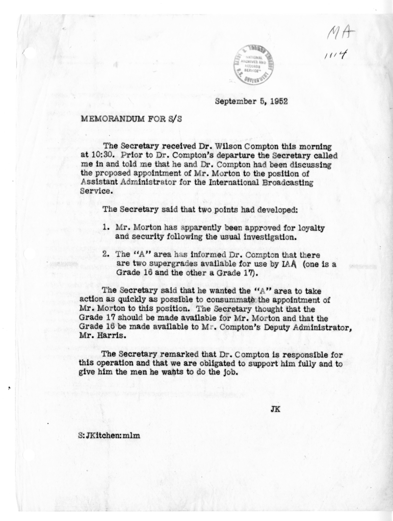 Memorandum of Conversation with Dr. Wilson Compton