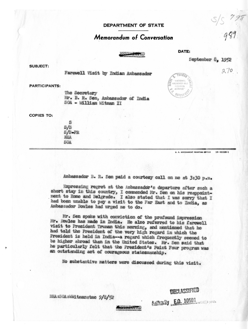 Memorandum of Conversation with Ambassador B. R. Sen of India and William Witman II