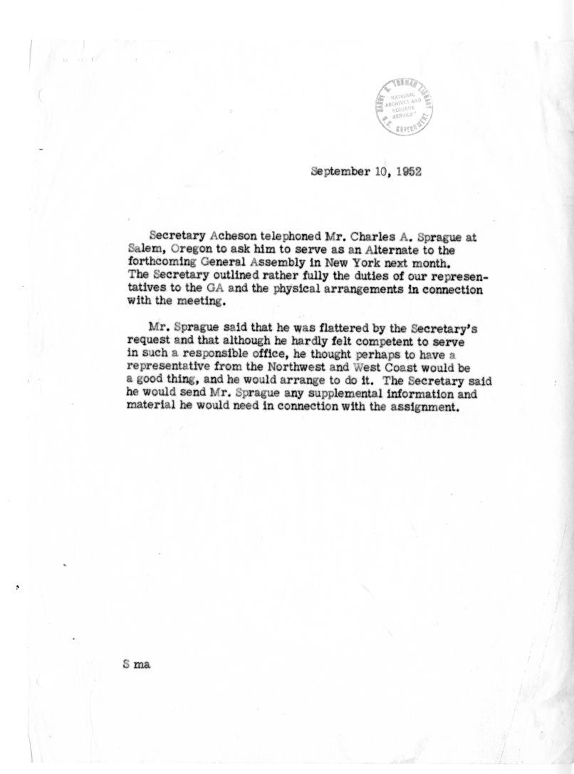 Memorandum of Telephone Conversation with Charles A. Sprague