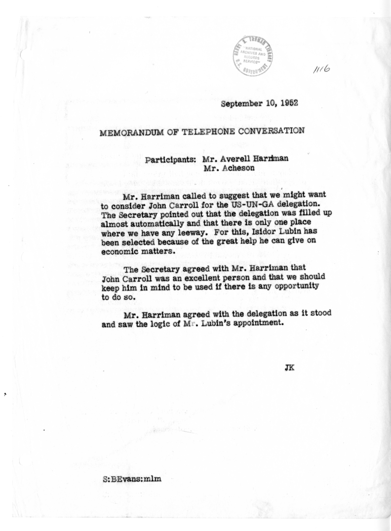 Memorandum of Telephone Conversation with Averell Harriman