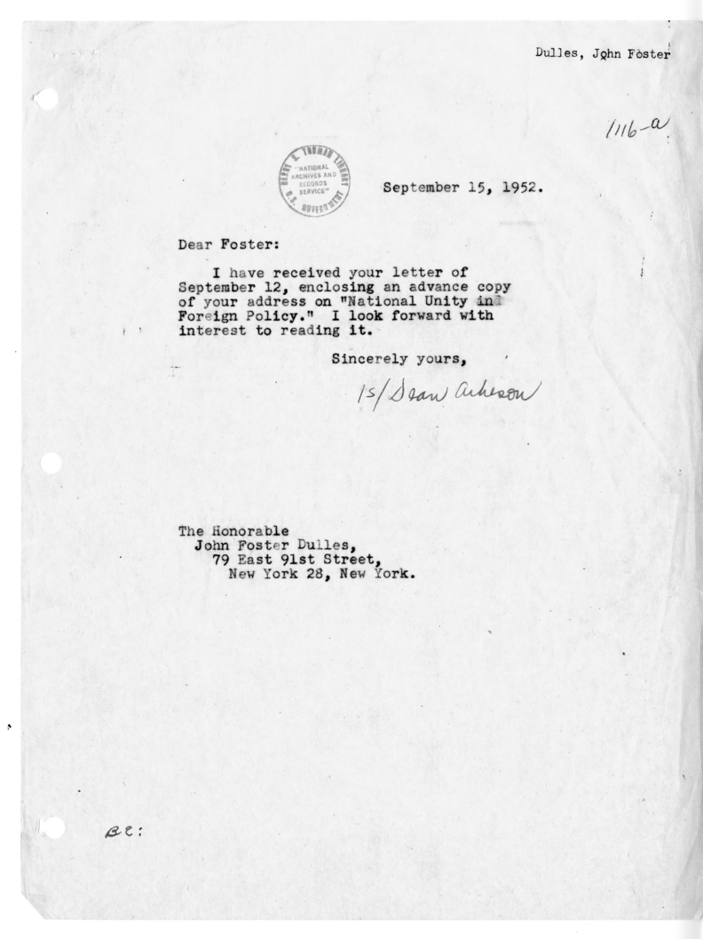 Correspondence Between John Foster Dulles and Dean Acheson