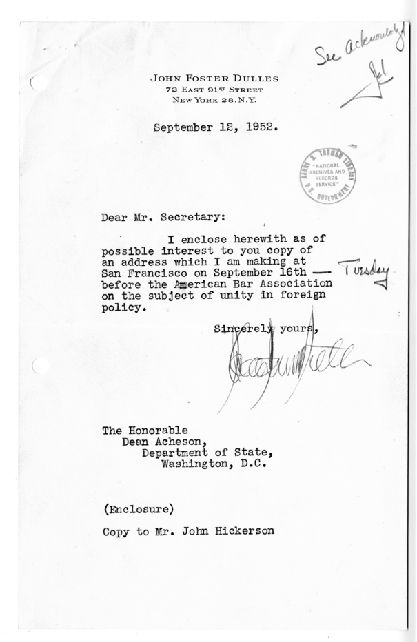 Correspondence Between John Foster Dulles and Dean Acheson