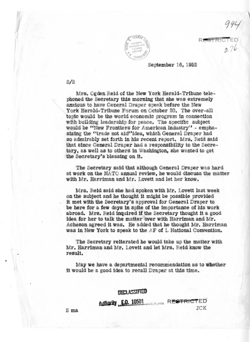Memorandum of Telephone Conversation with Mrs. Ogden Reid of the "New York Herald-Tribune"