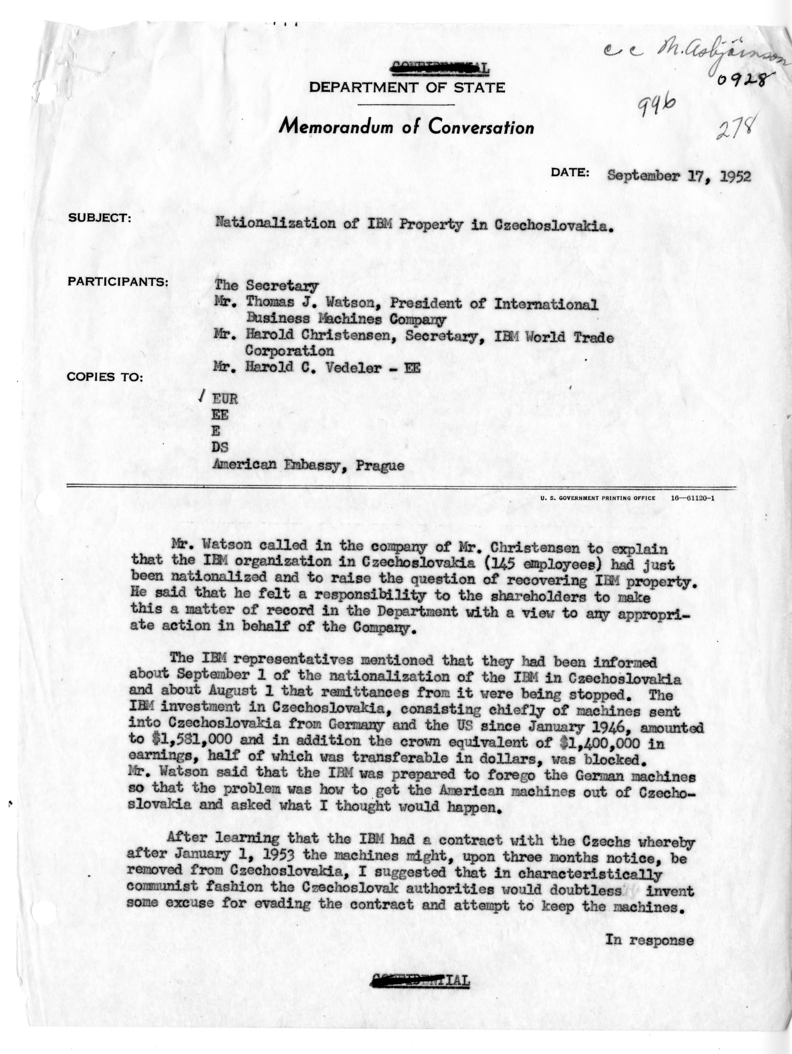 Memorandum of Conversation with Thomas J. Watson, International Business Machines Company; Harold Christenson, Secretary, IBM World Trade Corporation; and Harold C. Vedeler