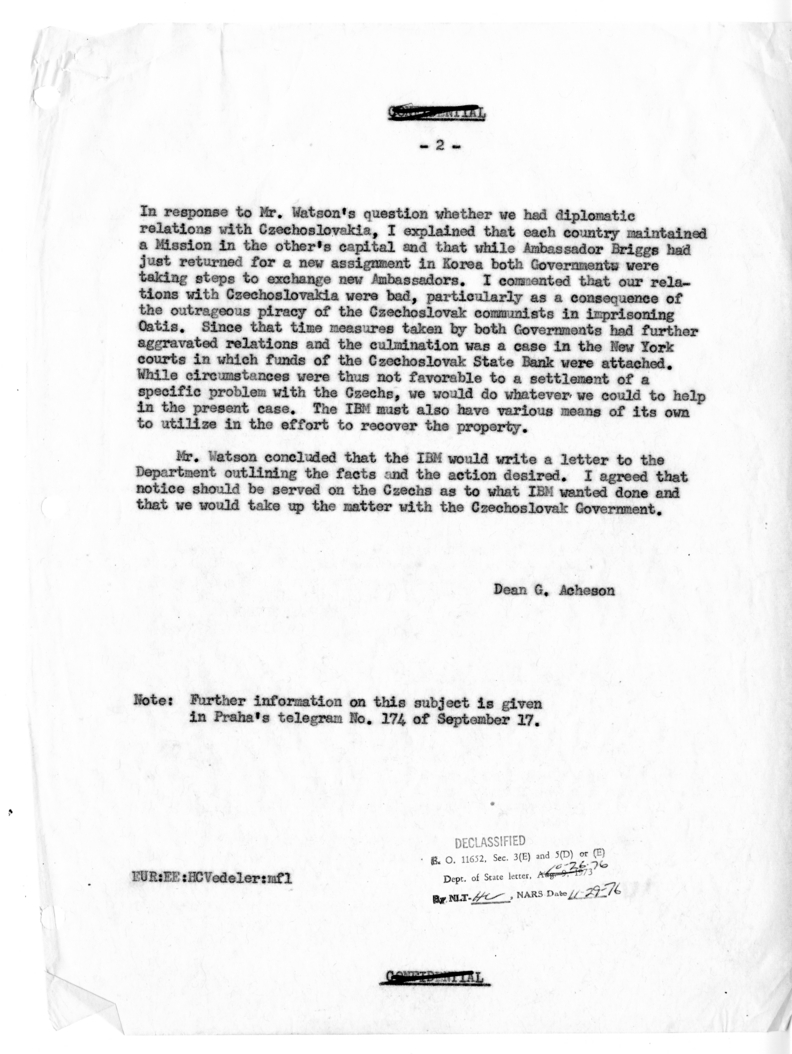 Memorandum of Conversation with Thomas J. Watson, International Business Machines Company; Harold Christenson, Secretary, IBM World Trade Corporation; and Harold C. Vedeler