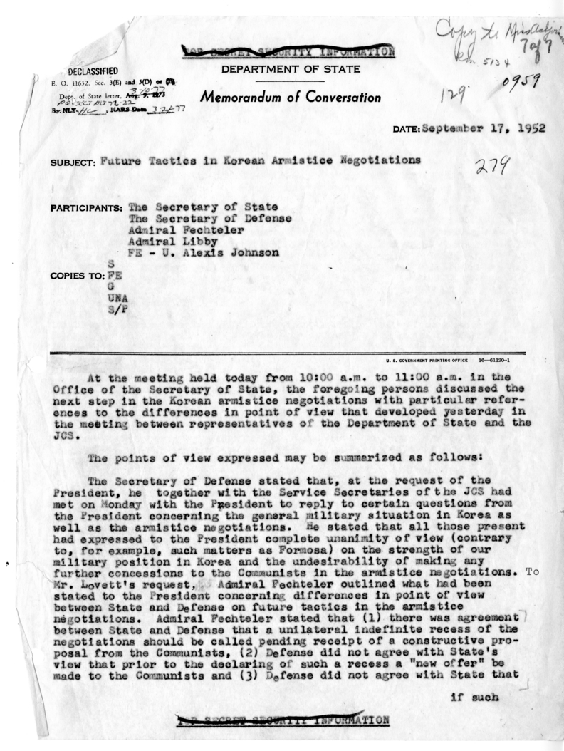 Memorandum of Conversation with Secretary of Defense Robert Lovett, Admiral William Fechteler, Admiral Ruthven E. Libby, and U. Alexis Johnson