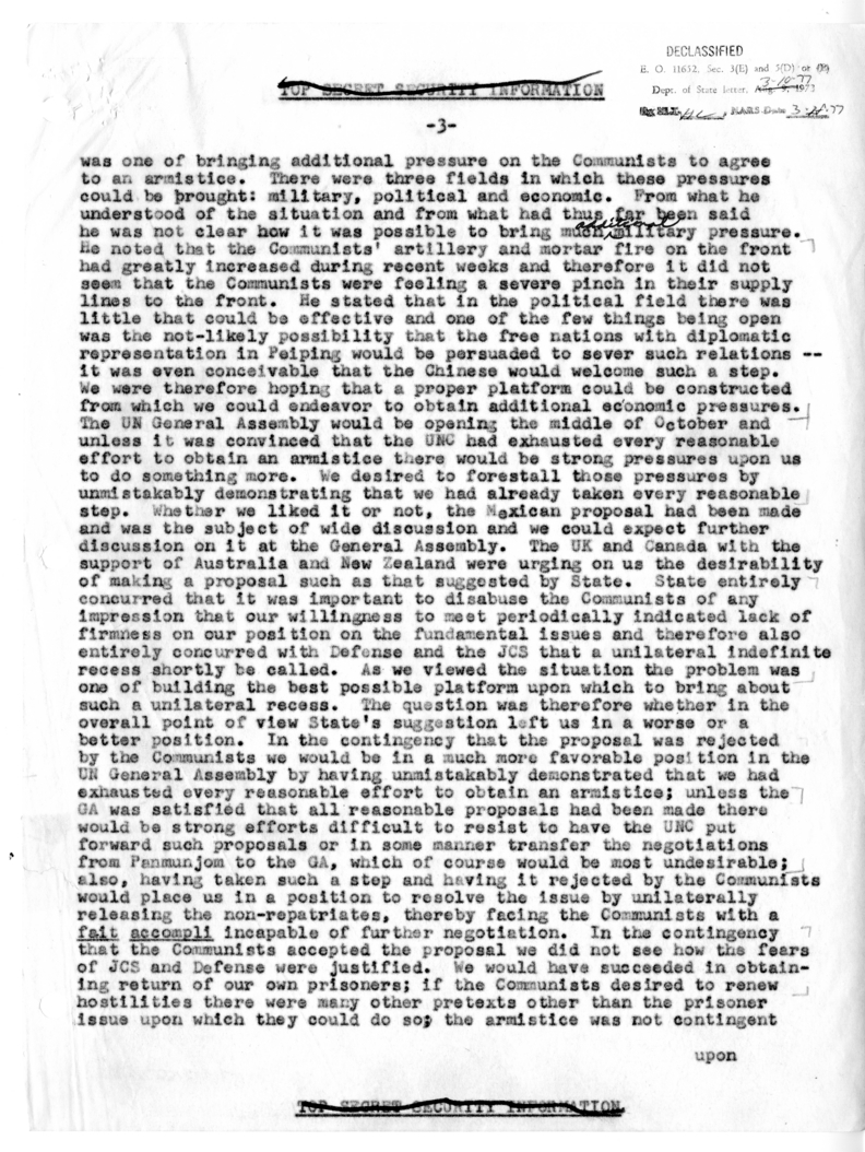 Memorandum of Conversation with Secretary of Defense Robert Lovett, Admiral William Fechteler, Admiral Ruthven E. Libby, and U. Alexis Johnson